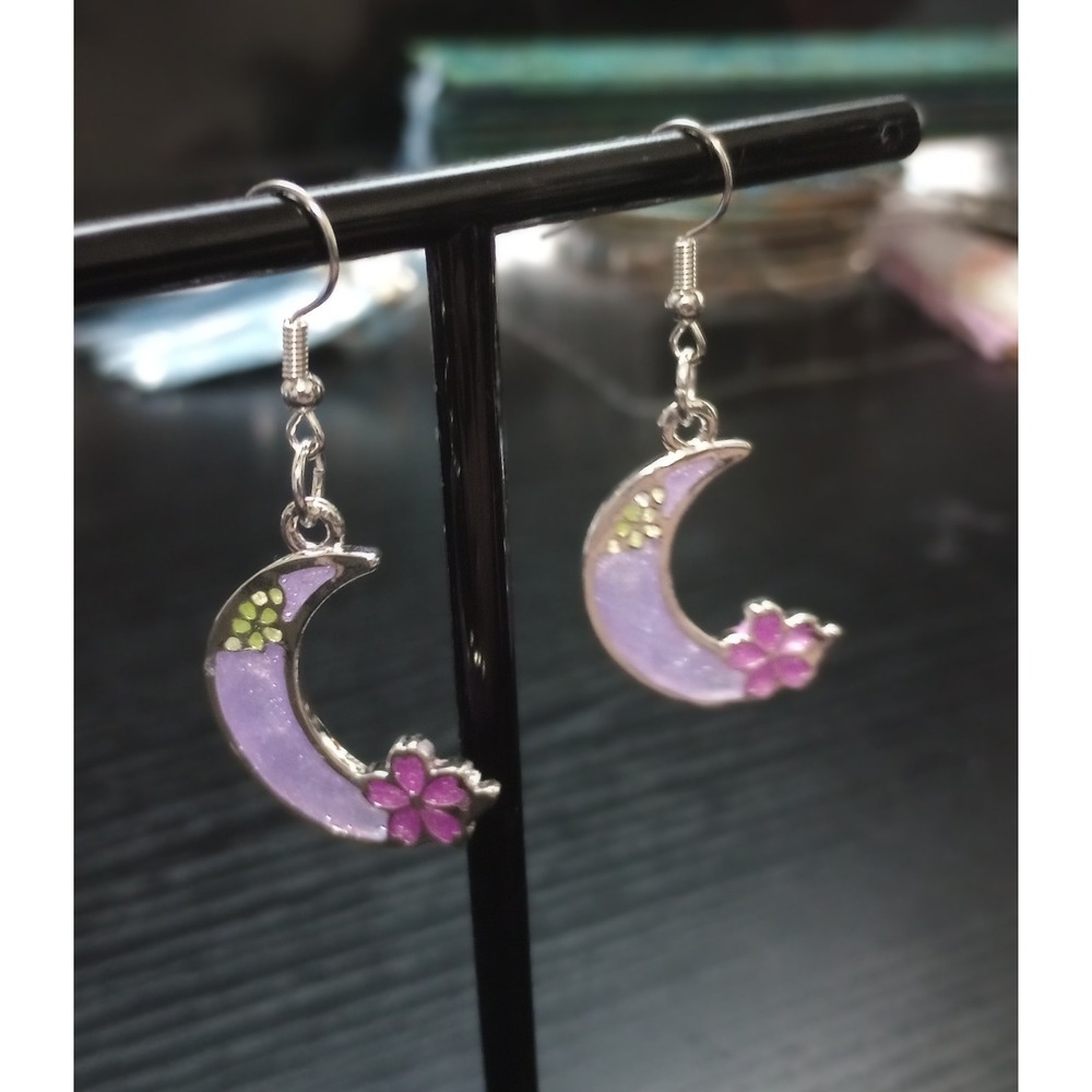 Pearlescent Purple Crescent Moon With‎ Flowers Earrings